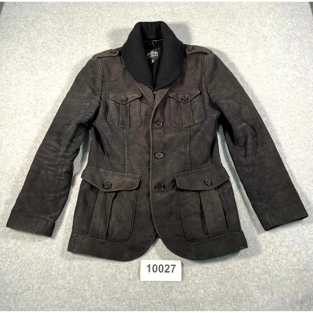 Express Jacket Mens XS Brown Lined Utility Pockets Ribbed Collared Button Front